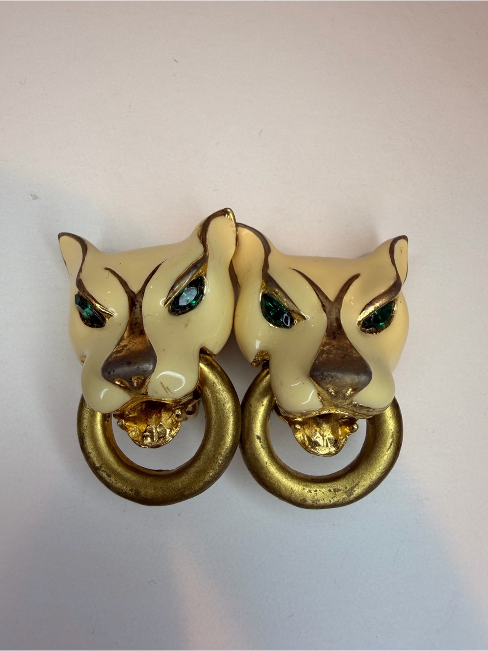 Vintage 1980s Runway Cream Enamel Panther Door-Knocker Clip on Earrings